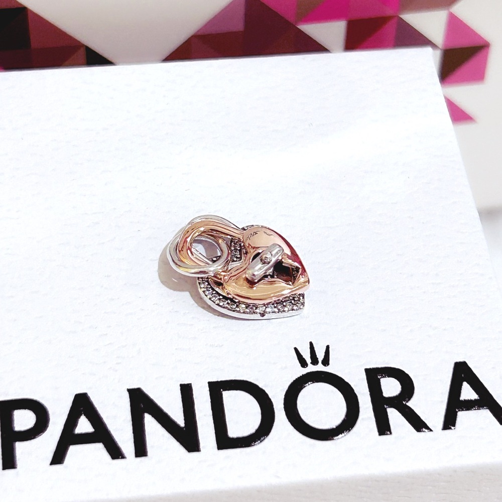 PANDORA Two-tone Twistable Heart Padlock Double Dangle Charm w/box - Picture 5 of 11